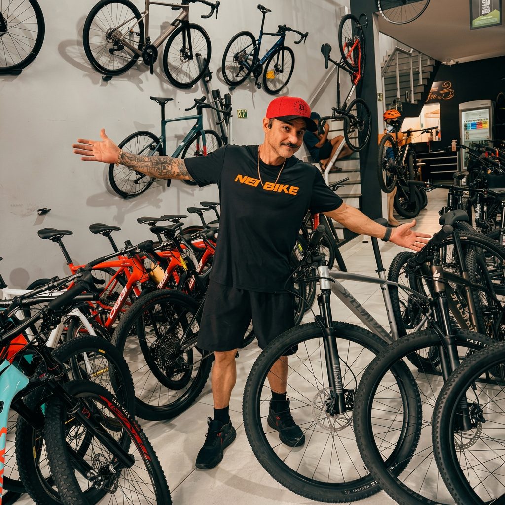 Nei recebendo clientes na loja, cercado pelas bicicletas